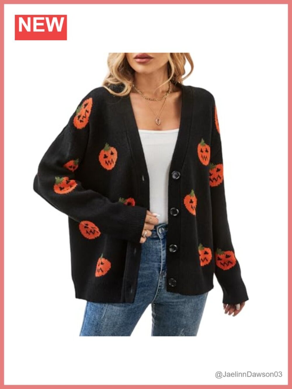 Pumpkin V Neck Open Front Knit Cardigan Button Down Halloween Sweater